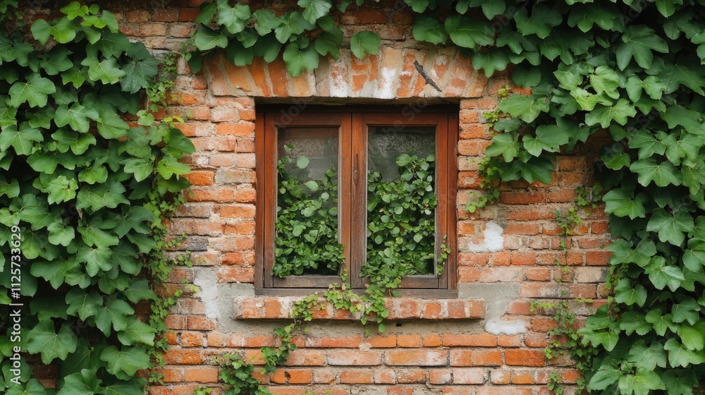 Poster charming brick wall with window framed by lush green vines creating a scenic and rustic environment 