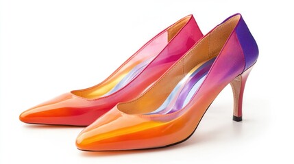Stylish gradient high heel shoes in vibrant orange and purple tones isolated on a clean white background