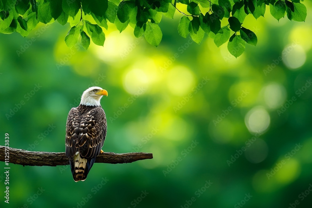 Poster a serene photo of an eagle perched on a branch in a dense forest, with filtered sunlight creating so