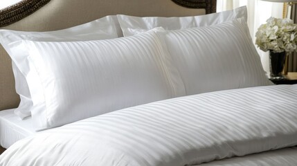 Elegant white bedding sheets and pillows in a hotel room showcasing luxurious linen and a serene atmosphere for ultimate relaxation.