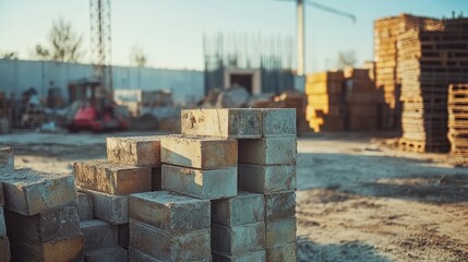 Construction materials stacked at a site representing progress and development in the building industry and human ingenuity in infrastructure growth