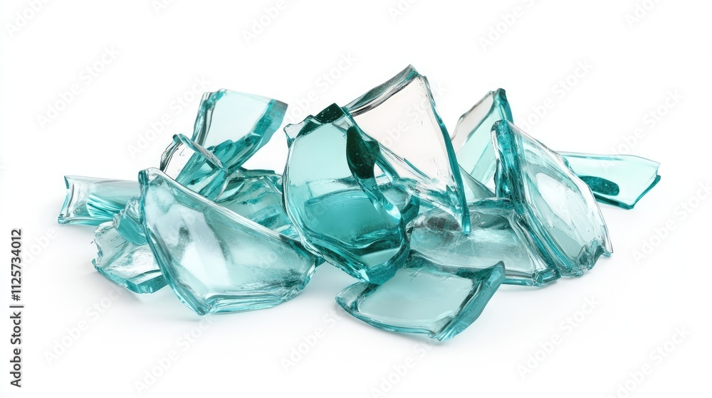 Poster shattered glass fragments on a white background showcasing sharp edges and reflections for design an