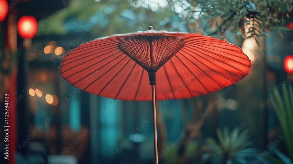 Aufkleber red decorative umbrella in a serene garden setting illuminated by lanterns creating a tranquil ambia