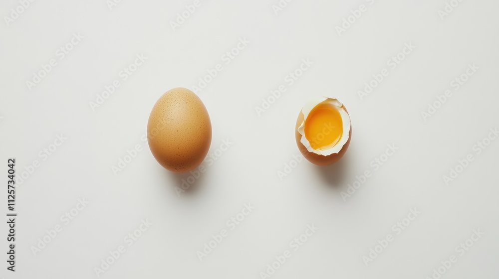 Poster boiled egg and its shell halves displayed on a clean white background showcasing contrast in texture