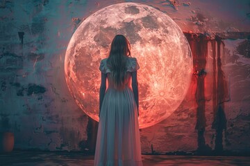 A woman in a white dress stands before a giant red moon.