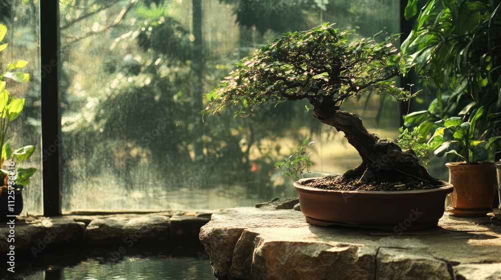 Aufkleber bonsai tree elegantly displayed in a serene botanical garden setting with lush greenery and natural 