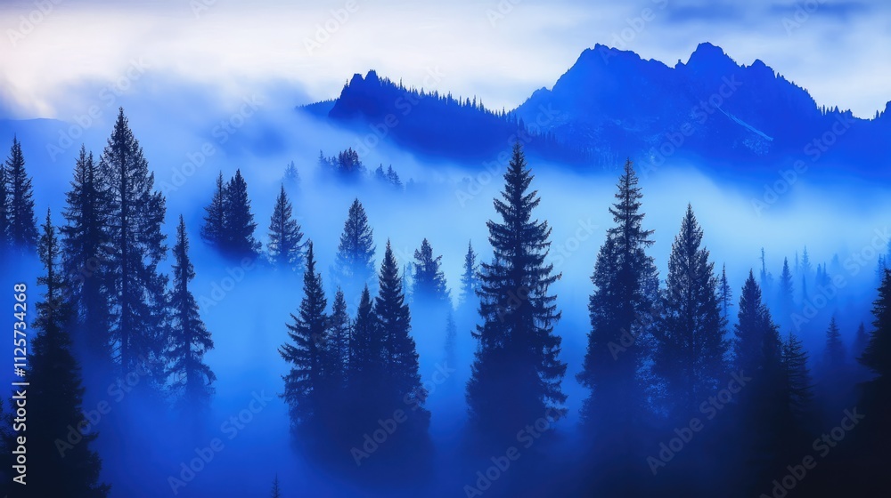 Poster serene mountain landscape enveloped in blue fog with evergreen trees creating a mystical atmosphere 