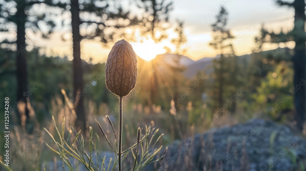 Poster soft sunlight filtering through a seed pod amidst pine trees creating a serene bokeh effect during a