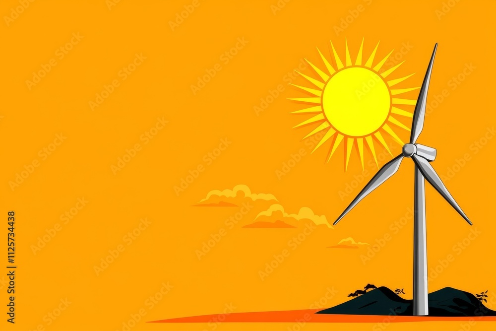 Poster a simple design of a wind turbine with a sun behind it, using muted earth tones and bold, clean line