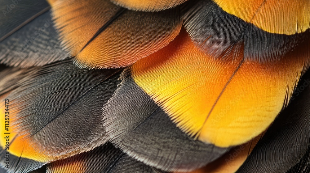 Poster close up of vibrant multicolored bird feathers showcasing intricate patterns and striking yellow tip
