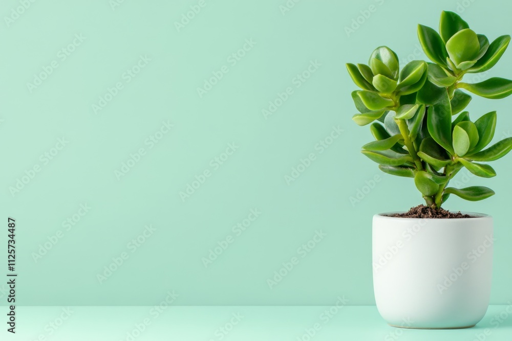 Poster a simple flat design of a single dwarf plant in a modern ceramic pot, with clean lines and soft past
