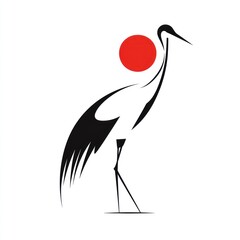 Stylized black crane silhouette against a red sun.