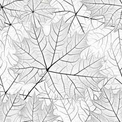 Monochrome maple leaf sketch seamless pattern on white background with textured veins and contours