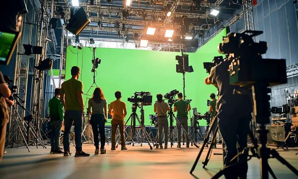 A film studio scene featuring a group of people and cameras in front of a large green screen, indicating preparation for a video production or filming session.