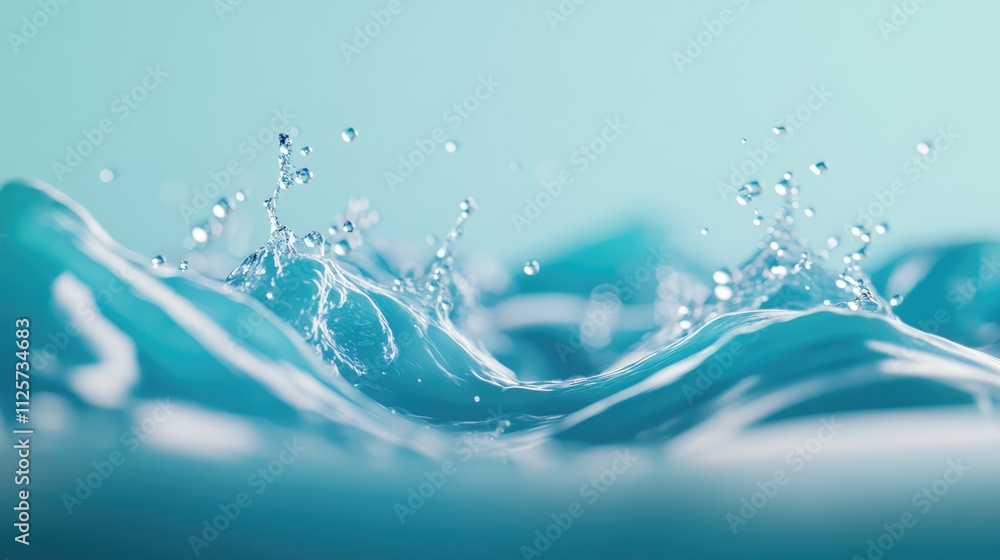 Poster water splashing against a serene blue background, creating dynamic waves and sparkling bubbles, evok