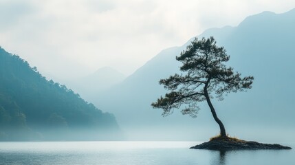 Obraz premium Solitary tropical pine tree on a tranquil lake with misty mountains in the background creating a serene natural landscape scene