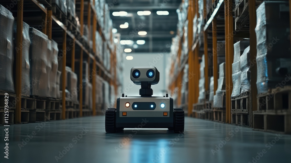 Poster warehouse automation with artificial intelligence robot navigating aisle among stored goods in moder