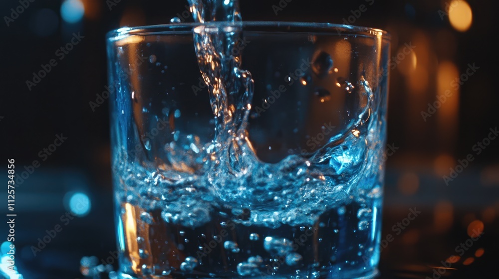Poster water cascading into a clear glass, creating ripples and splashes, illuminated by soft blue and warm