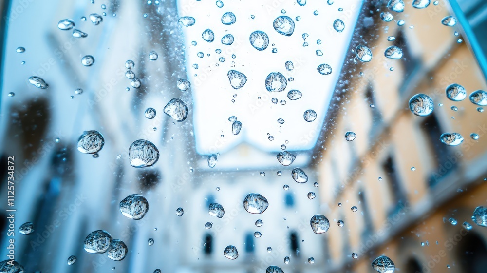 Poster water droplets floating above a soft light backdrop, creating a serene bokeh effect, enhancing a blu