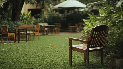 Wooden chair in lush green garden setting with distant tables and chairs surrounded by vibrant plants and natural tranquility.