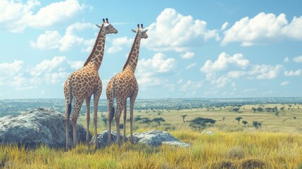 Obraz premium Two Giraffes Looking Out over Savanna