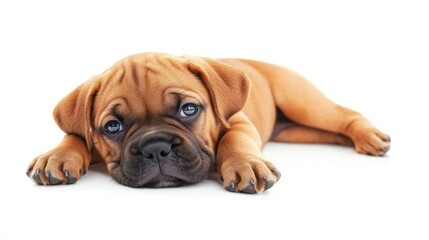 Obraz premium Bullmastiff puppy relaxing on a white background showcasing its playful nature and adorable features at six months old