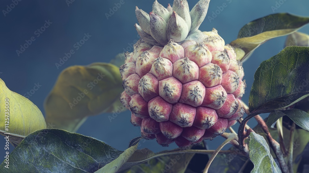 Poster Fresh sugar apple fruit displayed on a branch with green leaves and a soft blue background highlighting its unique texture and shape.