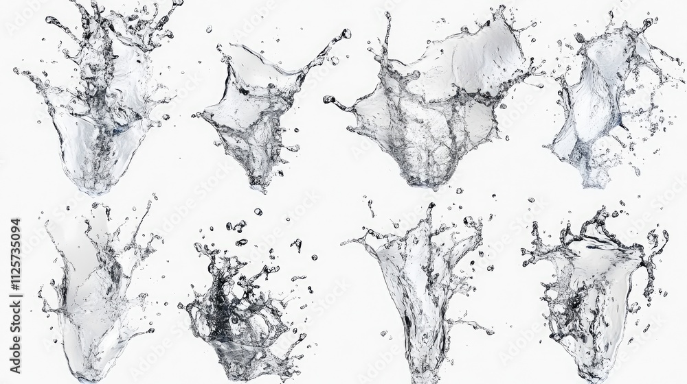 Poster dynamic collection of isolated water splash images on a clean white background, showcasing multiple 