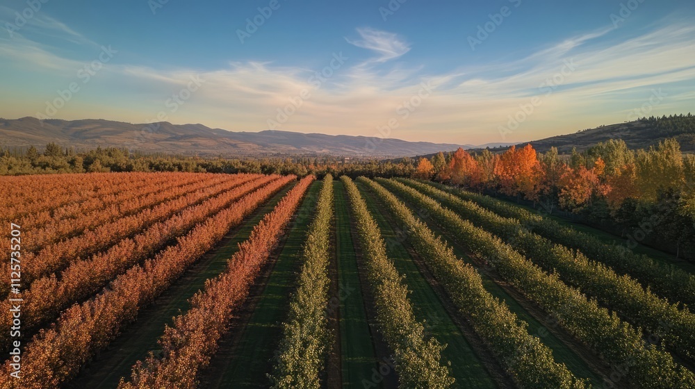 Poster Aerial view of vibrant apple and pear orchard in autumn showcasing colorful foliage and neat rows of trees against a scenic landscape.