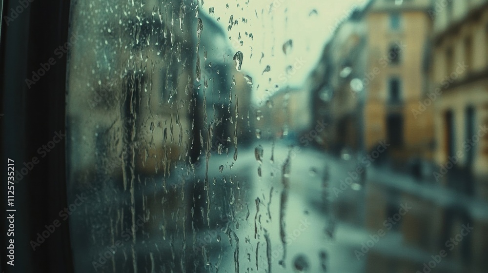Poster raindrops trickle down the window glass, offering a blurred view of an empty street on a quiet rainy