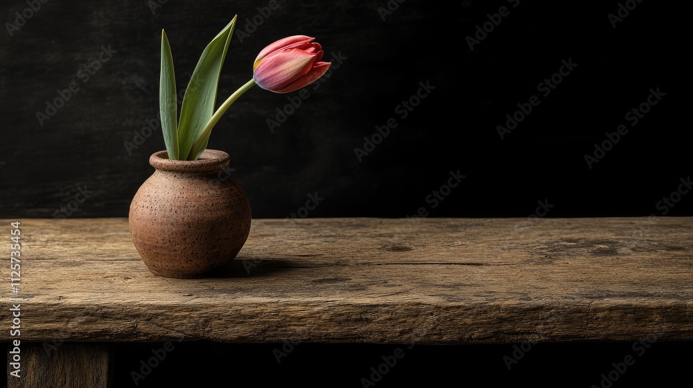Poster elegant tulip flower in a rustic vase on a weathered wooden table with a dark background creating a 