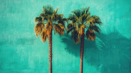 Two tall sugar palm trees against a vibrant turquoise wall creating a tropical and refreshing atmosphere perfect for summer visuals.