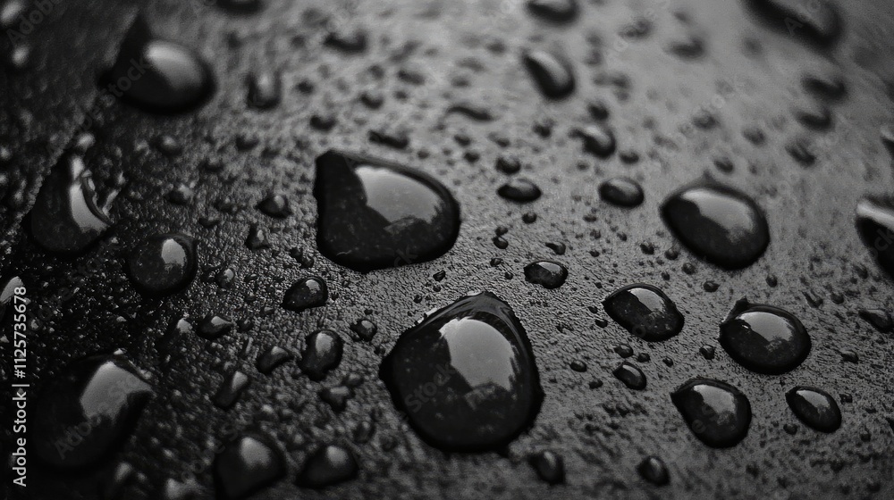 Poster close-up of water droplets on a textured gray surface creating a dramatic and atmospheric effect in 