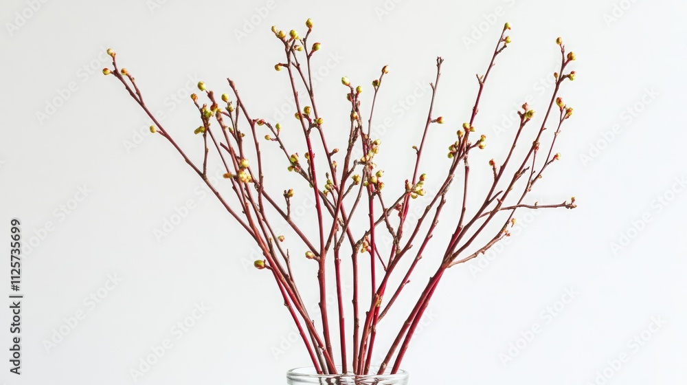 Aufkleber twigs with budding branches displayed in a clear vase on a minimalistic white background showcasing 