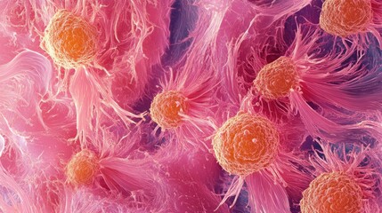 Microscopic examination of adenocarcinoma cells in female cervical tissue highlighting unique feathering structures in cancerous cells