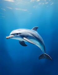 Obraz premium A dolphin swims gracefully in a deep blue ocean. The picture showcases the animal's elegance and beauty.