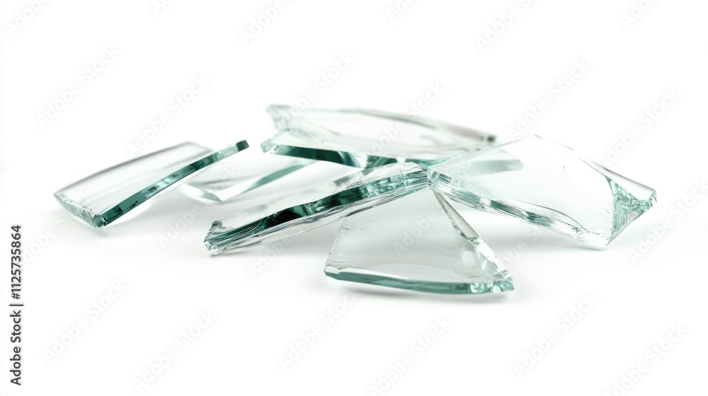 Poster shards of broken glass scattered on a white background highlighting sharp edges and reflective surfa