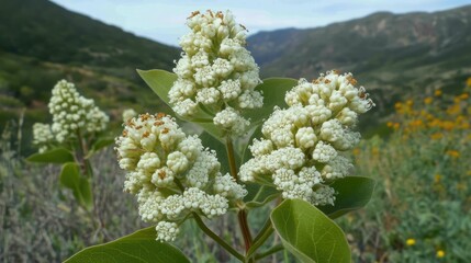 White blooming inflorescences of California Buckwheat Eriogonum Fasciculatum in Red Rock Canyon MRCA Park during springtime in the Santa Monica Mountains