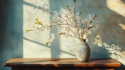 Elegant wooden table with a vase of blooming cherry plum branches in sunlight creating a serene home office still life atmosphere