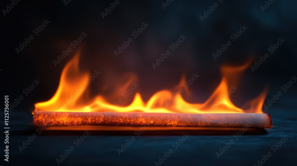 Poster burning paper with vivid flames illuminating the edges against a dark background creating a dramatic