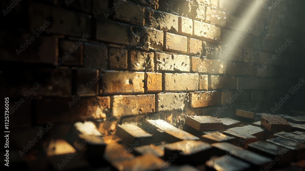 Poster sunlit abandoned brick wall with worn texture and scattered bricks creating a moody atmosphere in an