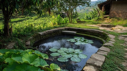 Fototapeta premium Traditional farmer-managed ponds in a serene village landscape surrounded by lush greenery and lotus plants.