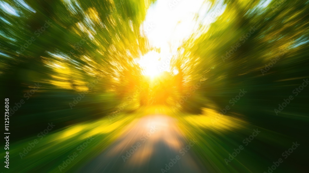 Poster vibrant abstract nature with motion blur effect showcasing a sunlit path through lush greenery