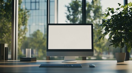 Fototapeta premium Modern workspace with blank computer screen near window