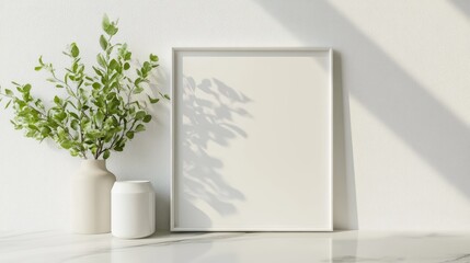 Minimalistic decor featuring a blank picture frame and greenery set against a bright white background for modern interior design inspiration