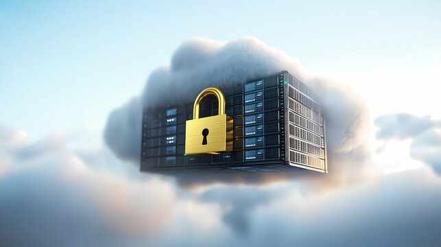 Cloud security concept featuring a locked padlock over a server encased in a cloud, symbolizing data protection and secure cloud computing.