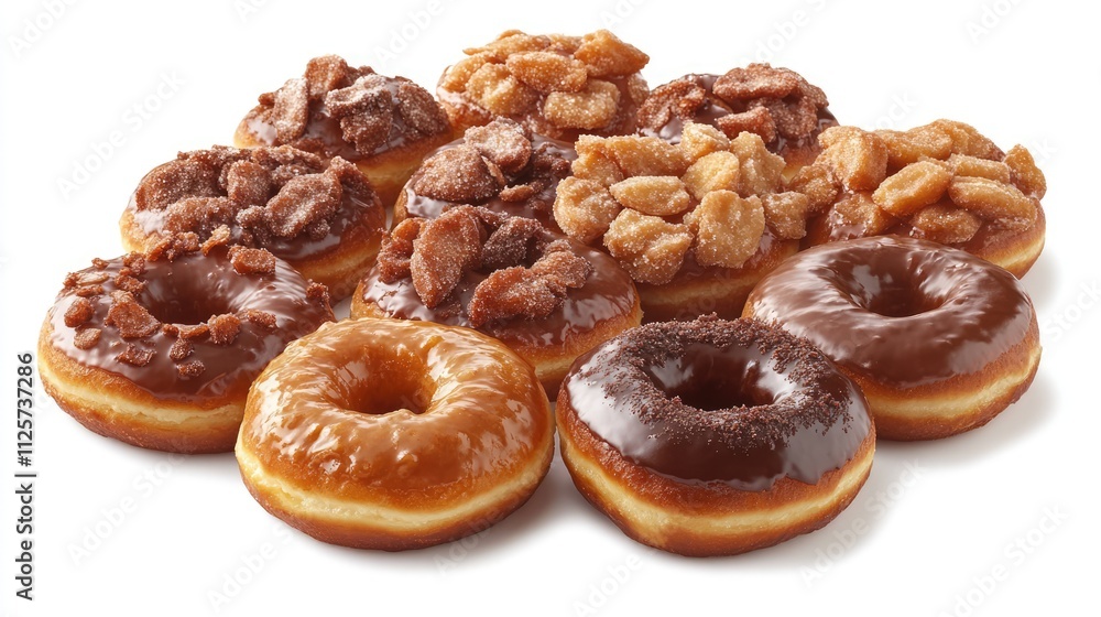 Poster assorted delicious donuts on a white background showcasing various toppings and textures ideal for c