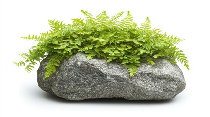 Tropical fern plant growing on textured stone rock isolated on white background suitable for nature themed designs and advertising materials