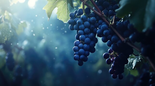 Ripe dark blue grapes on vineyard vines during harvest season showcasing Vitis vinifera in a serene winemaking landscape