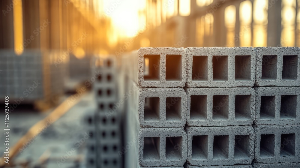 Poster grey concrete bricks stacked at a construction site during sunset providing a backdrop for building 